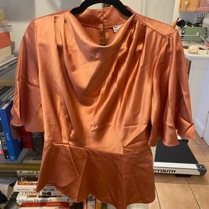 NEW WITH TAGS! Orange silk scoop scarf neck top with cinched waste